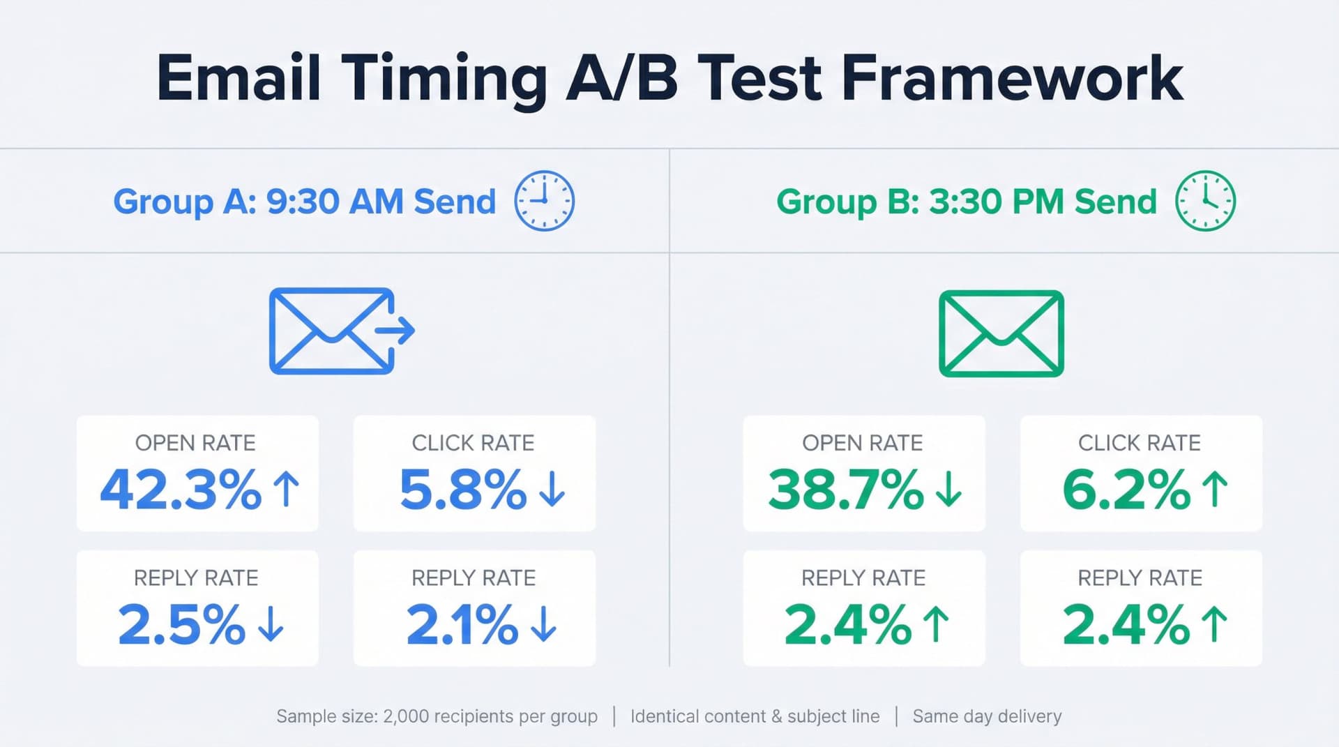 Email timing A/B test framework showing split test methodology with identical emails sent at different times and key metrics tracked